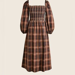 J. Crew Smocked Puff Sleeve Nap Dress in Friday Plaid Thanksgiving fall S